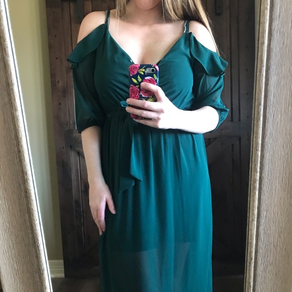 green cold shoulder maxi dress